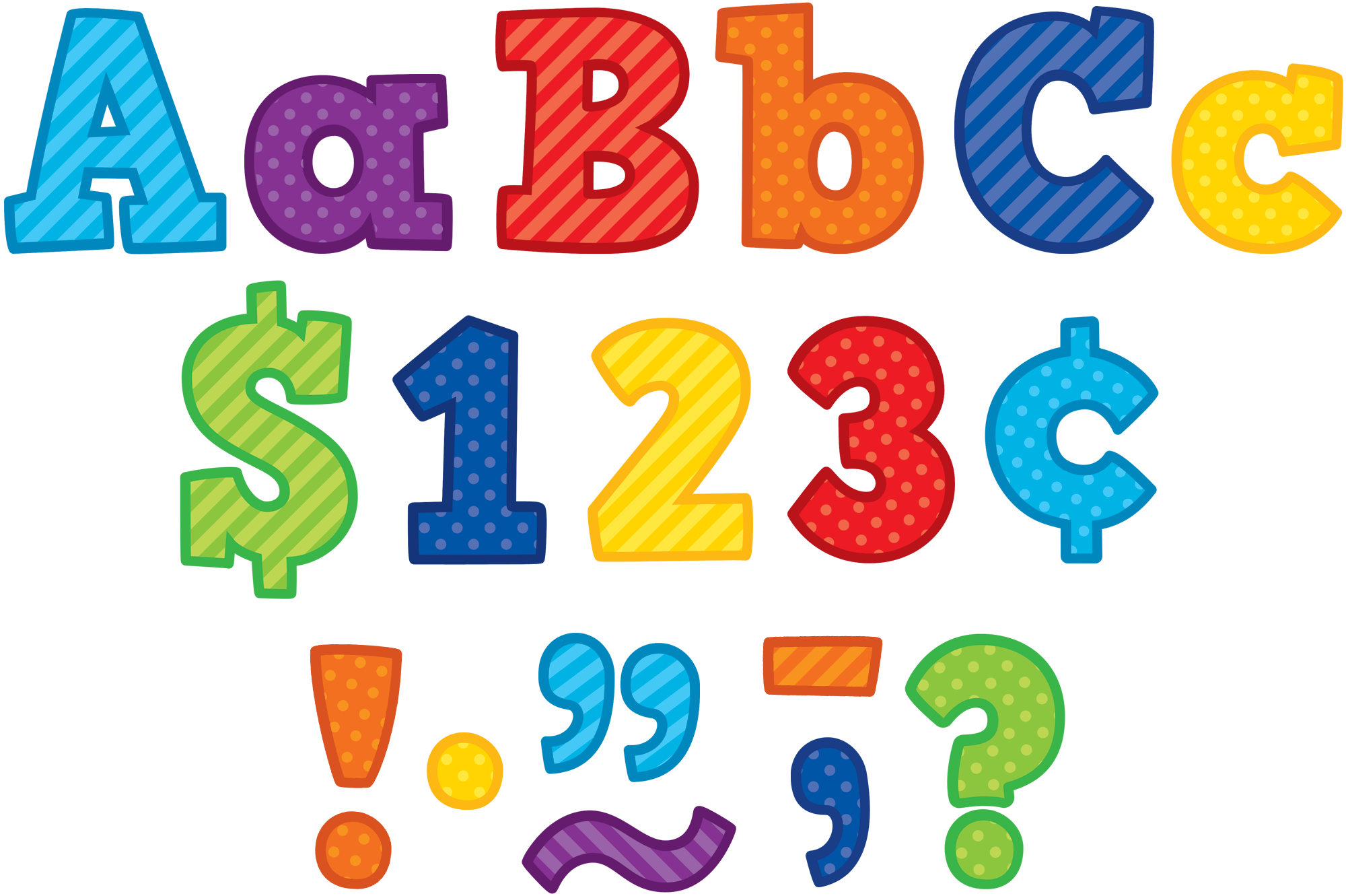 Each pack includes 443 total pieces: • 121 uppercase letters • 179 lowercase letters • 40 numbers 0–9 • 81 punctuation marks • 22 Spanish accent marks