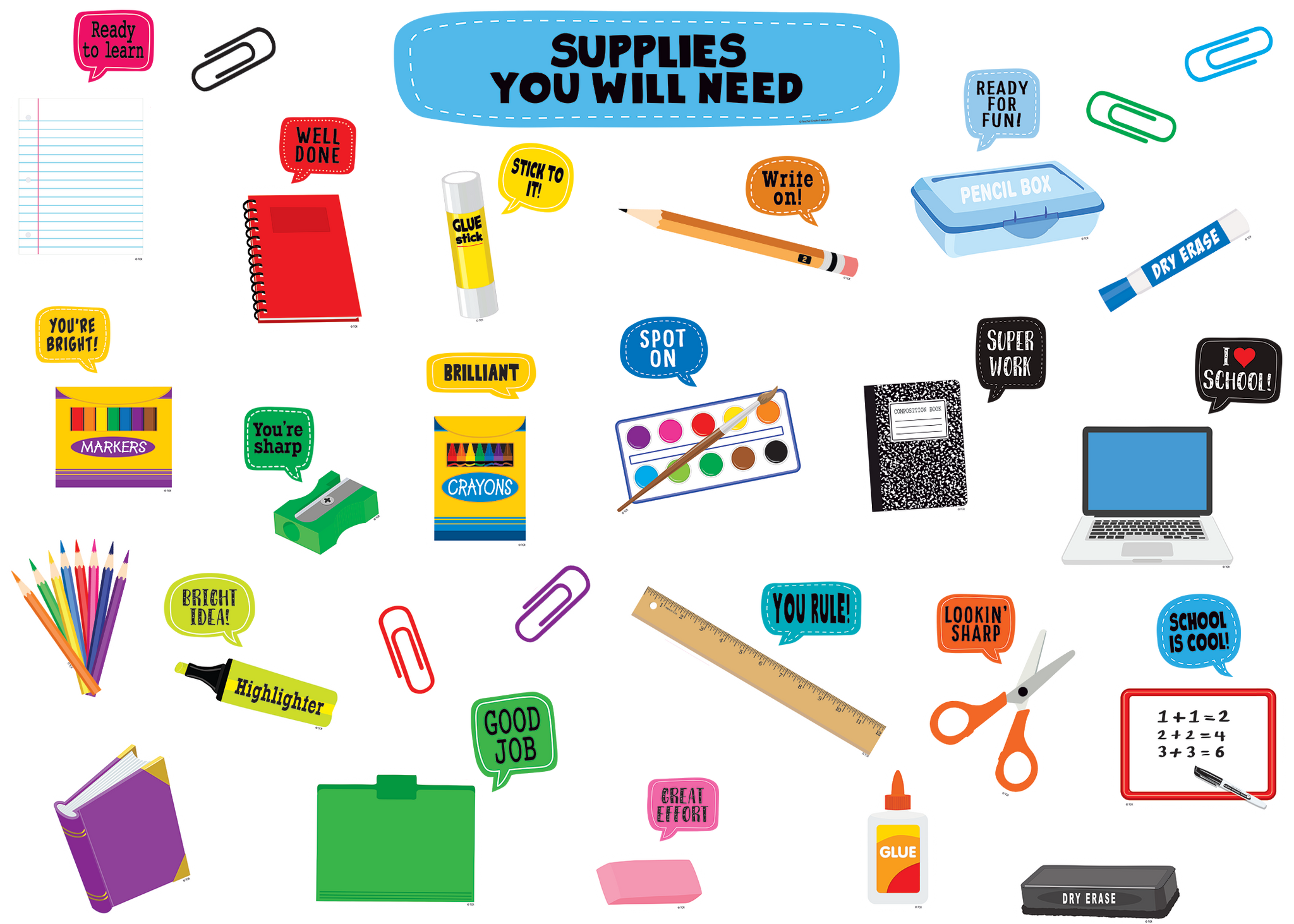 Features: 1 title piece spelling out “Supplies You Will Need”, 22 supply pieces, 17 encouragement callouts, 5 paper-clip accents, Bulletin Board Guide with suggestions and activities