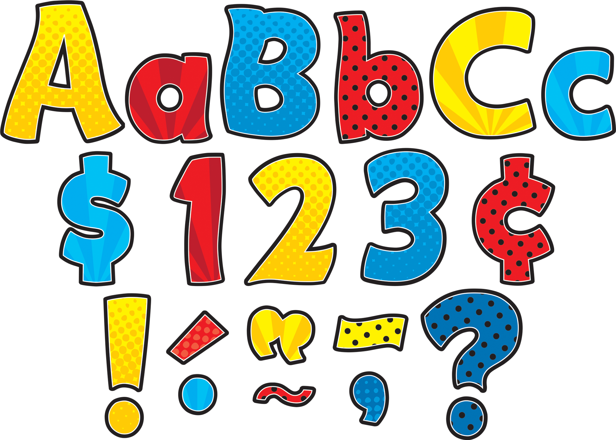 Each pack includes 208 total pieces: • 55 uppercase letters • 84 lowercase letters • 20 numbers 0 to 9 • 35 punctuation marks • 14 Spanish accent marks