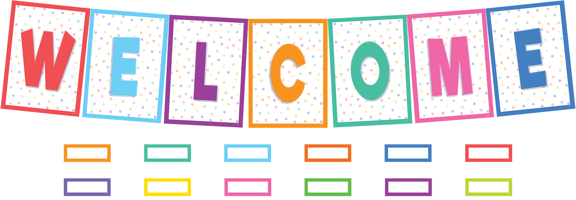 Features: 7 title pieces spelling out “Welcome”, 40 multi-purpose blank labels, bulletin board guide with set-up and activity suggestions, shiny protective coating for durability