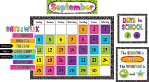 Features: Calendar chart and 12 monthly headers, 33 pre-numbered calendar days, 49 special days/events cards and 4 blank cards, Seasons/Weather chart and chart labels, Days of the Week chart, Days in School chart and numbers, Shiny protective coating for durability