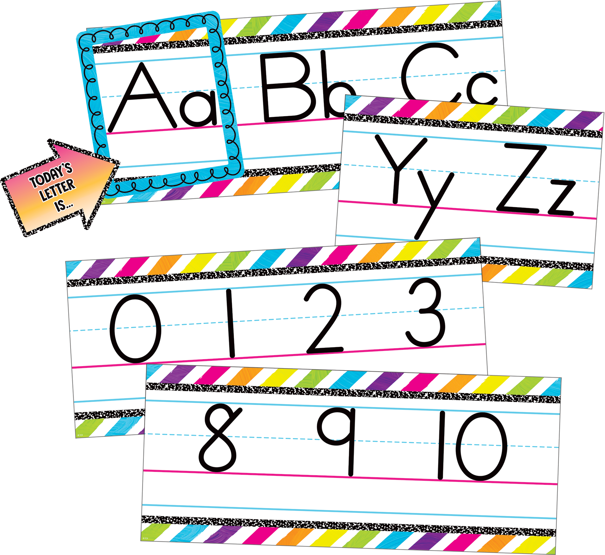 Features: Alphabet line, Number line 0–10, 1 “Today’s Letter is . . .” arrow accent, 1 frame accent to highlight a letter, Bulletin board guide with set-up and activity suggestions, Shiny protective coating for durability