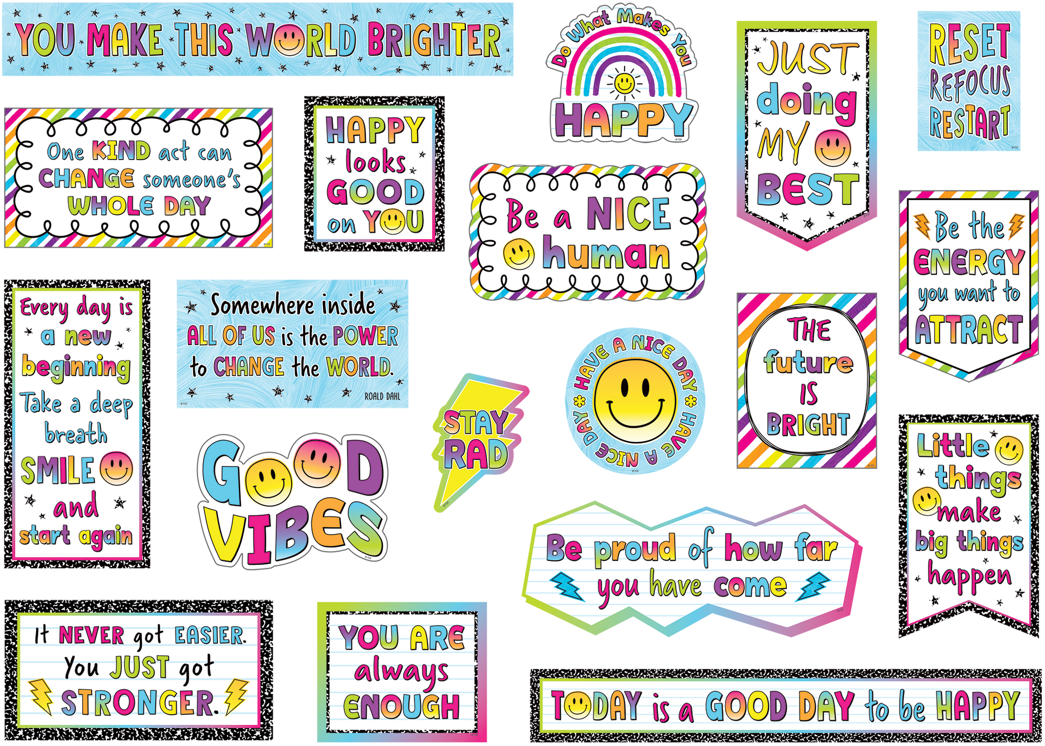 Features: 19 decorative signs with positive messages and a Bulletin Board Guide with suggestions and activities