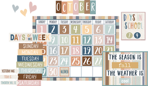Features: Calendar chart and 12 monthly headers, 33 pre-numbered calendar days and 3 heart accents, 18 special day/event cards and 1 blank card, Days of the Week chart and chart labels, Seasons/Weather chart and chart labels, Days in School chart and numbers, Shiny protective coating for durability
