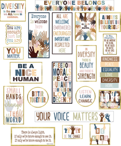 Features: 21 decorative signs with positive diversity messages, Bulletin Board Guide with suggestions and activities
