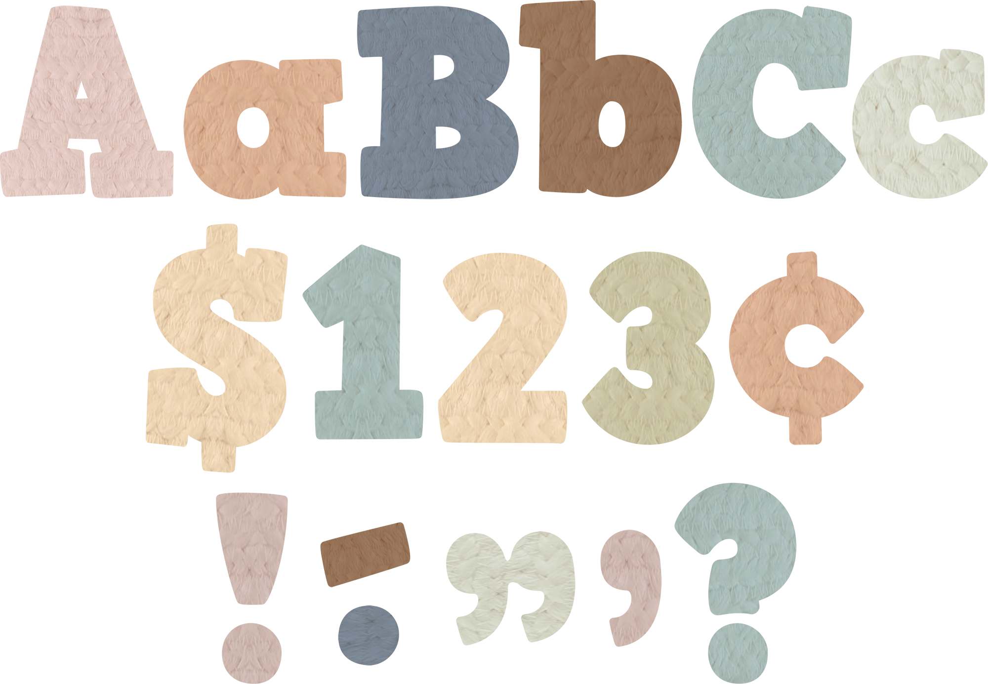 Each pack includes 230 total pieces: • 61 uppercase letters • 95 lowercase letters • 20 numbers 0 to 9 • 40 punctuation marks • 14 Spanish accent marks