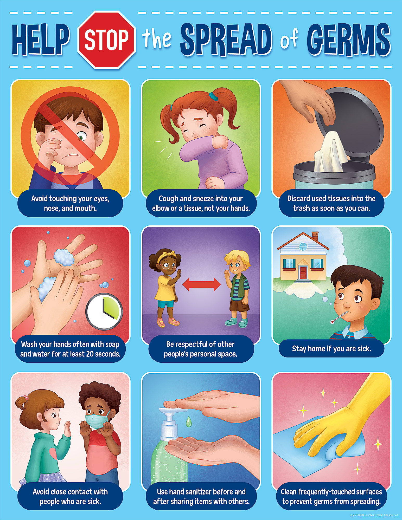 Remind students about the importance of fighting the spread of germs and best practices for keeping themselves and others safe and healthy. Perfect for displaying in classrooms, libraries, lunchrooms, and school offices.