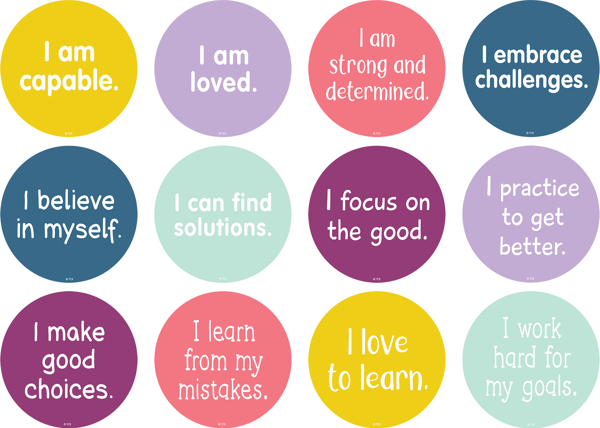 Positive Mindset sayings include: I can find solutions, I love to learn, I make good choices, I embrace challenges, I learn from my mistakes, I practice to get better, I work hard for my goals, I am capable, I focus on the good, I believe in myself, I am strong and determined, I am loved