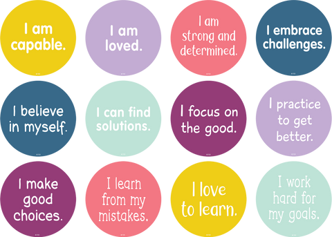 Positive Mindset sayings include: I can find solutions, I love to learn, I make good choices, I embrace challenges, I learn from my mistakes, I practice to get better, I work hard for my goals, I am capable, I focus on the good, I believe in myself, I am strong and determined, I am loved