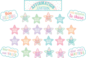 Features: 1 “Affirmation Station” title piece, 4 positive sayings, 20 positive affirmation stars, and a Bulletin Board Guide with suggestions and activities