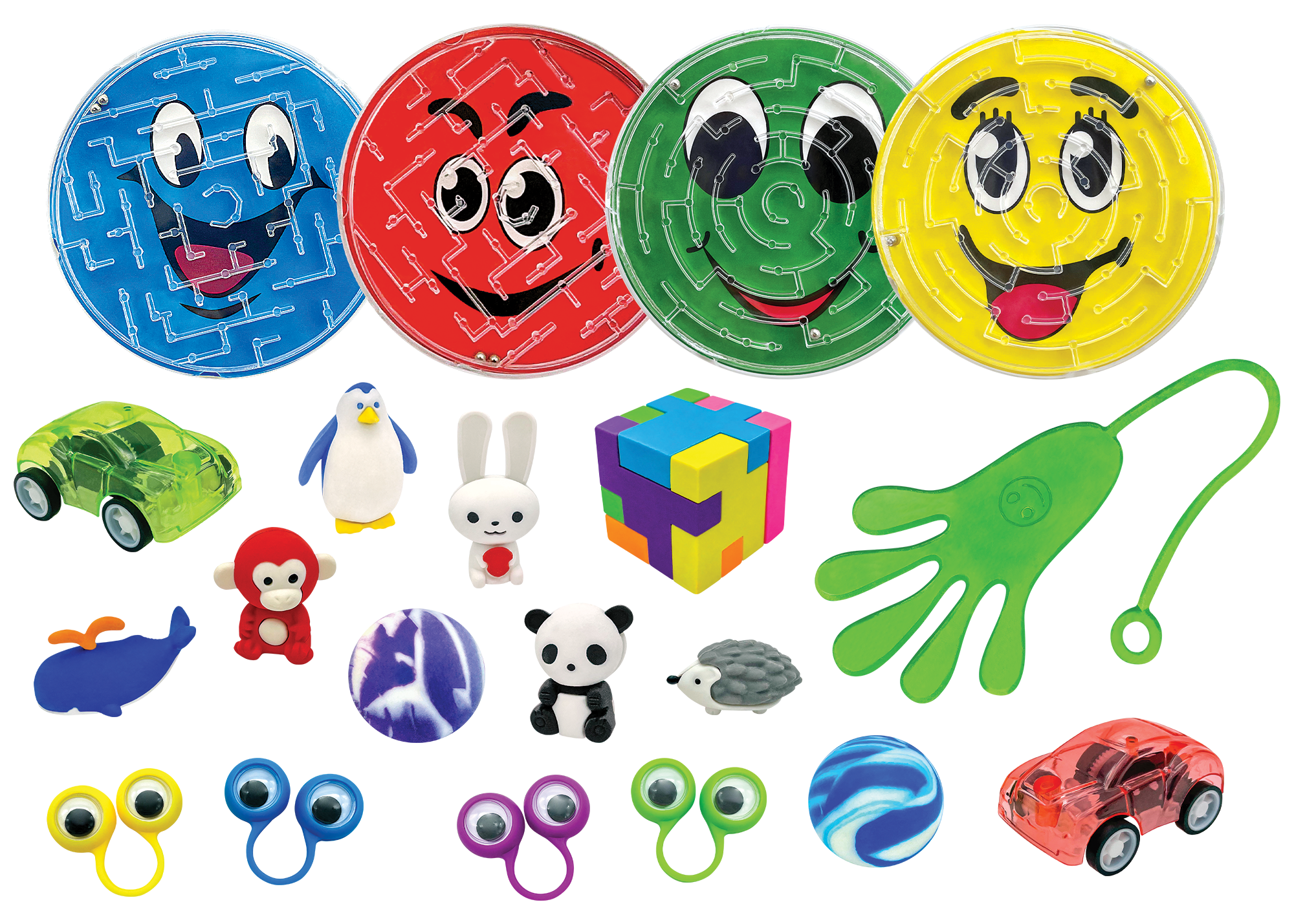 Includes 34 total pieces: 6 - Eraser Desk Pets, 1 - Eraser Puzzle, 5 - Pull and Release Cars, 6 - Finger Eyes, 8 - Super Bouncy Balls, 4 - Ball Mazes, 4 - Stretchy Hands