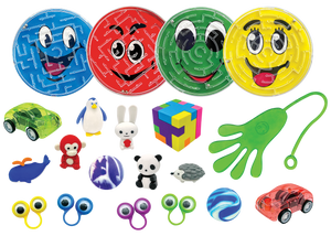 Includes 34 total pieces: 6 - Eraser Desk Pets, 1 - Eraser Puzzle, 5 - Pull and Release Cars, 6 - Finger Eyes, 8 - Super Bouncy Balls, 4 - Ball Mazes, 4 - Stretchy Hands