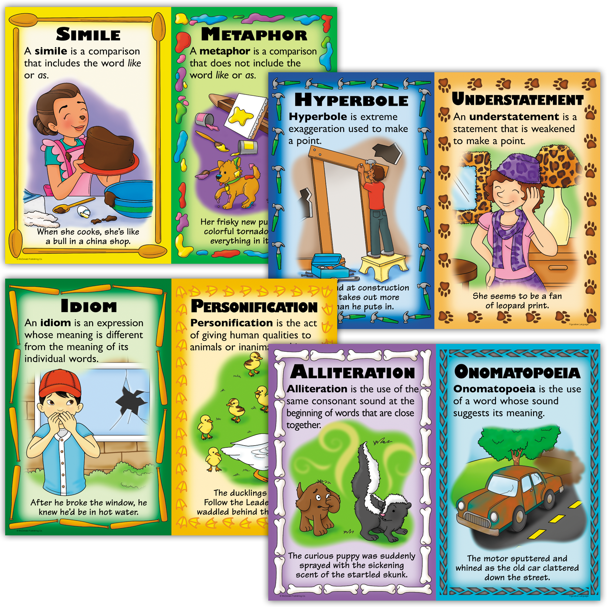 These bright posters clearly define and provide illustrated examples of the following forms of figurative language: simile, metaphor, hyperbole, understatement, idiom, personification, alliteration, and onomatopeia. Package includes 4 posters, 4 reproducible activity sheets, and a helpful teacher’s guide.